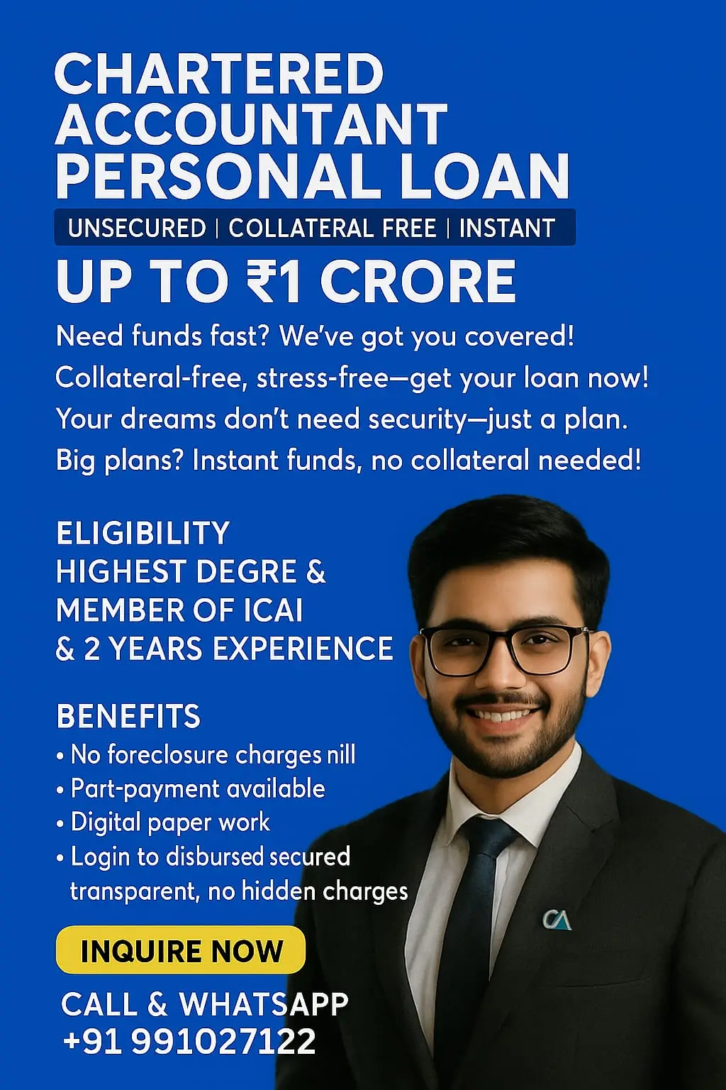 chartered accoutant personal loan up to 1 crore