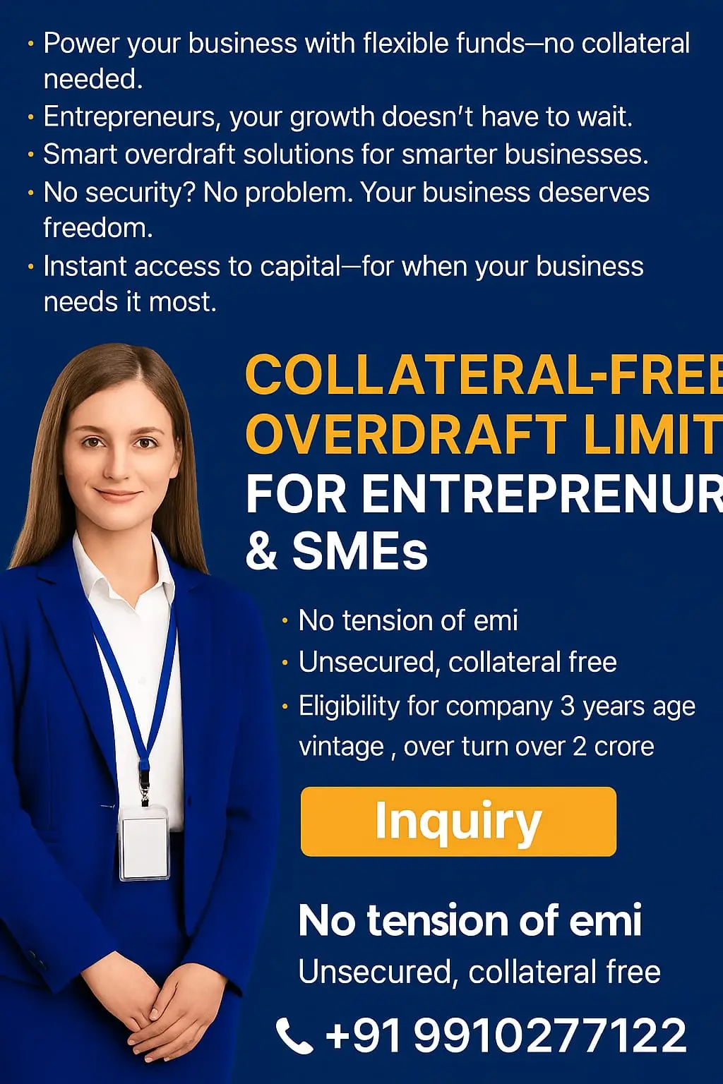 collateral free overdraft limit for enterprenuer & sme