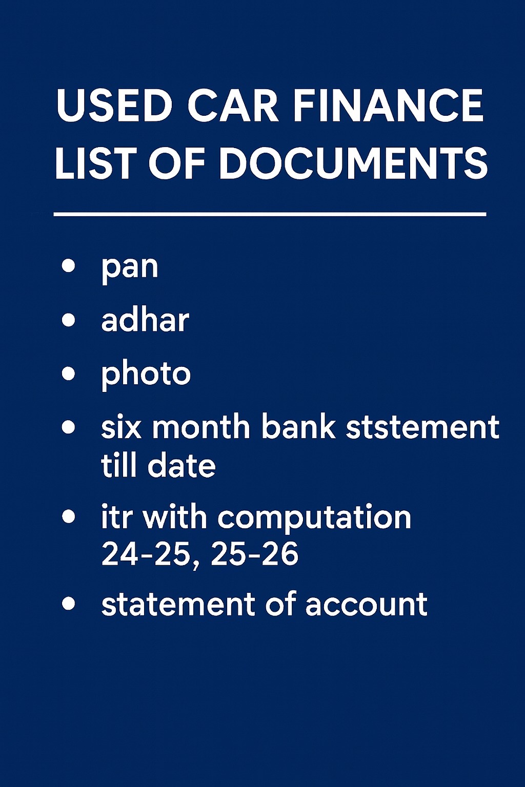 used car finance list of documments